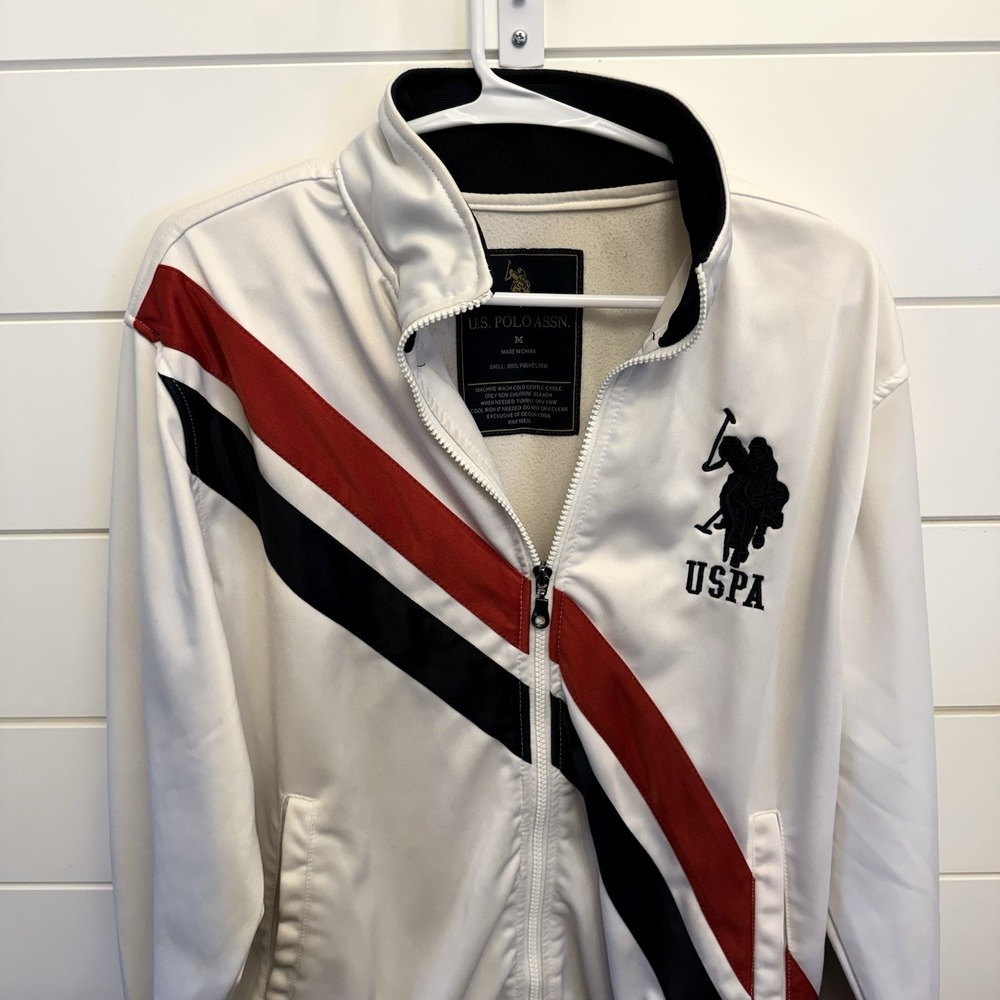 Vtg U.S. Polo Assn.‎ Full Zip White Jacket w/ Red & Blue Diagonal Stripes-Logo-M